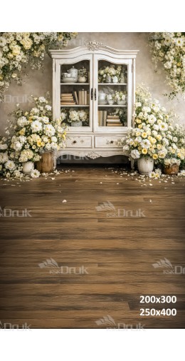 Tło fotograficzne „Jasna witryna vintage wśród białych kwiatów” | E832